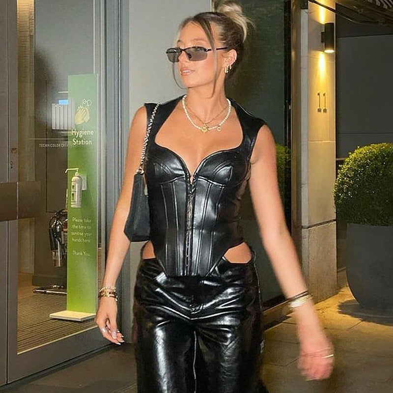 Womens Faux Leather Sleeveless Corset Vest | noémi