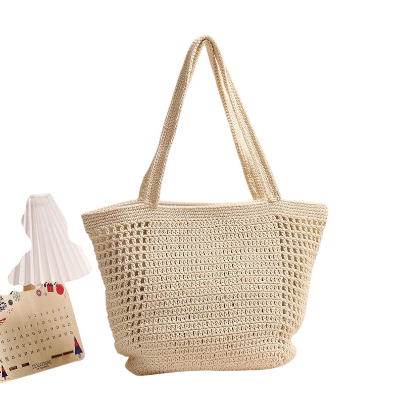 Cotton-Woven Shoulder Tote Bag – Hollow-Out Large-Capacity Beach Carryall, Cream | noémi