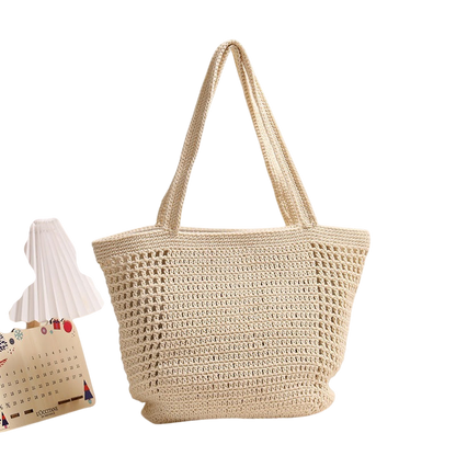 Cotton-Woven Shoulder Tote Bag – Hollow-Out Large-Capacity Beach Carryall, Cream | noémi