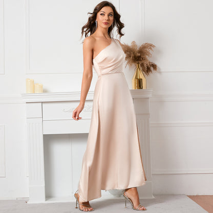 Satin Slant Shoulder Ball Gown | Half Open Back Sleeveless Backless Dress | noémi