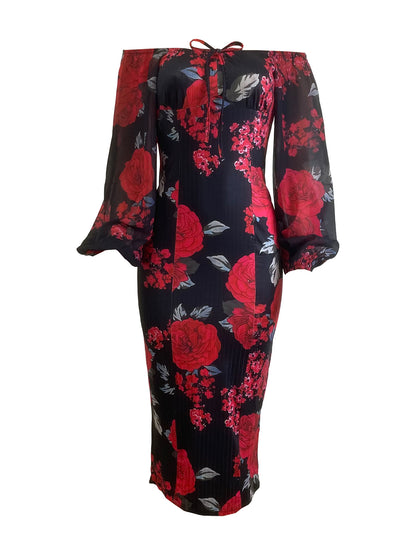 Floral Off Shoulder Slim Fit Dress With Tea Length Hem | noémi