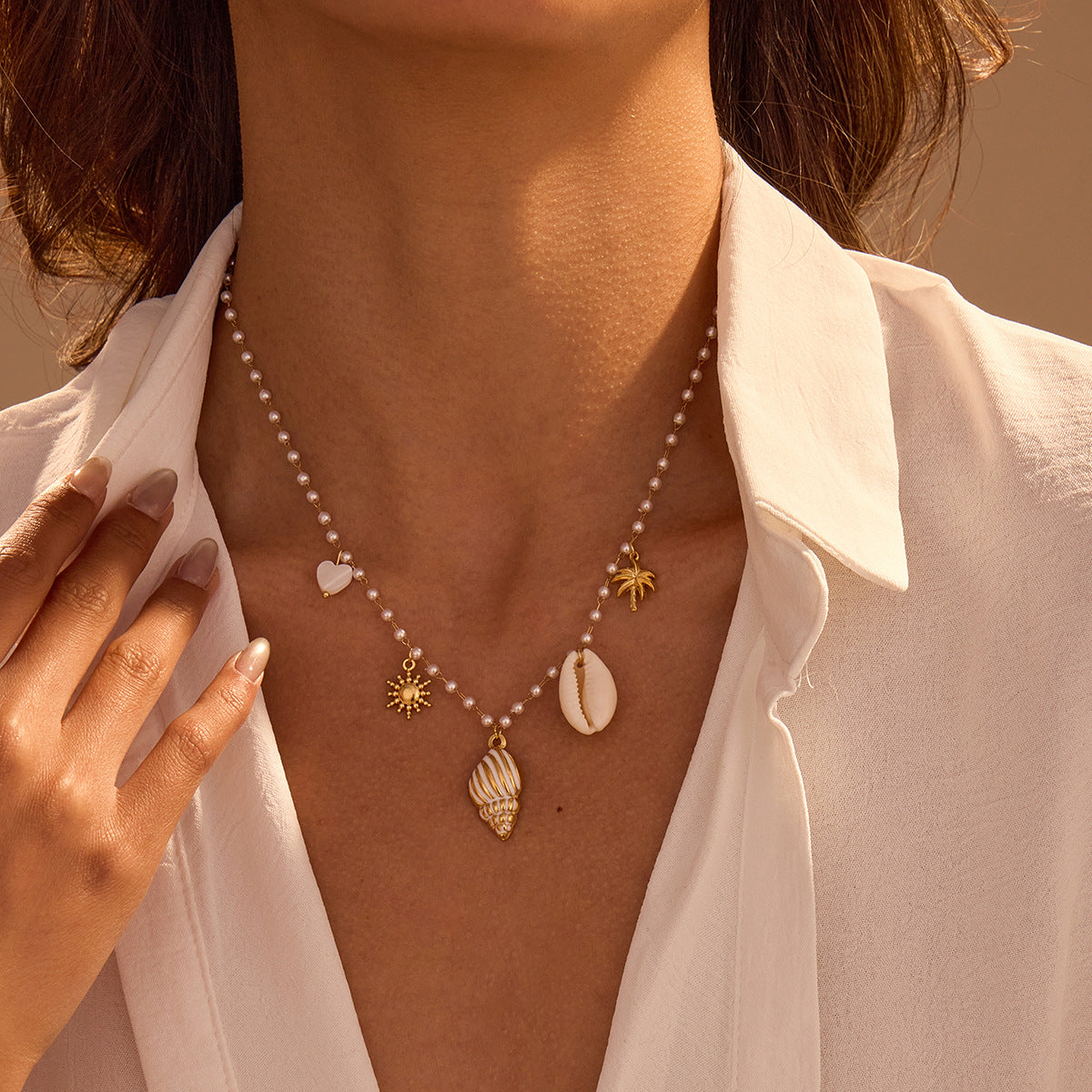 Marine Charm Pearl Necklace | Gold Stainless Steel Conch & Shell Pendant Choker | noémi