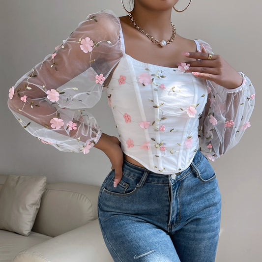 Floral Embroidered Mesh Corset Top | Sheer Long Sleeve Boned Bra | noémi