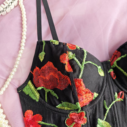 Floral Embroidered Boning Corset Vest with Printed Suspenders for Women | noémi