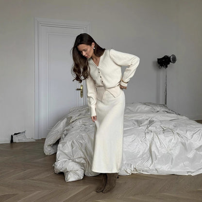 Two Piece Knit Skirt Set | Cozy Button Cardigan & Straight Skirt | noémi