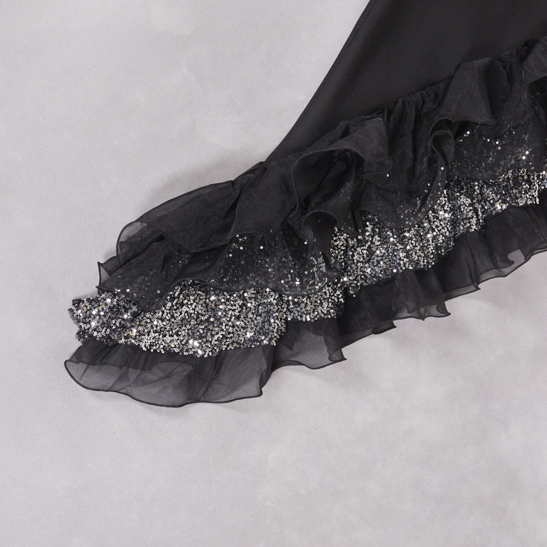 Womens Black Ruffled Mesh Dress | noémi