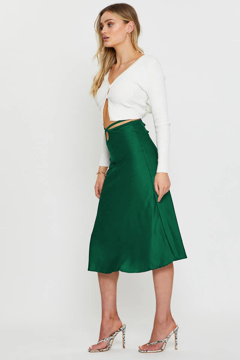 Women's Solid Color Midi Skirt | Navel Exposed Design | Lacing & Zipper Detail | noémi