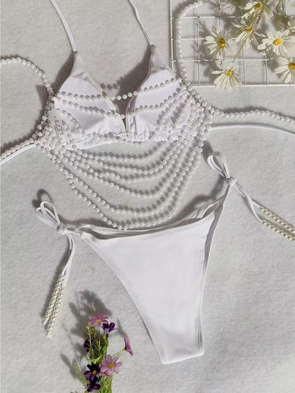 Pearl Chain Bikini | White Swimsuit with Drape Beads, Two-Piece Split Design | noémi