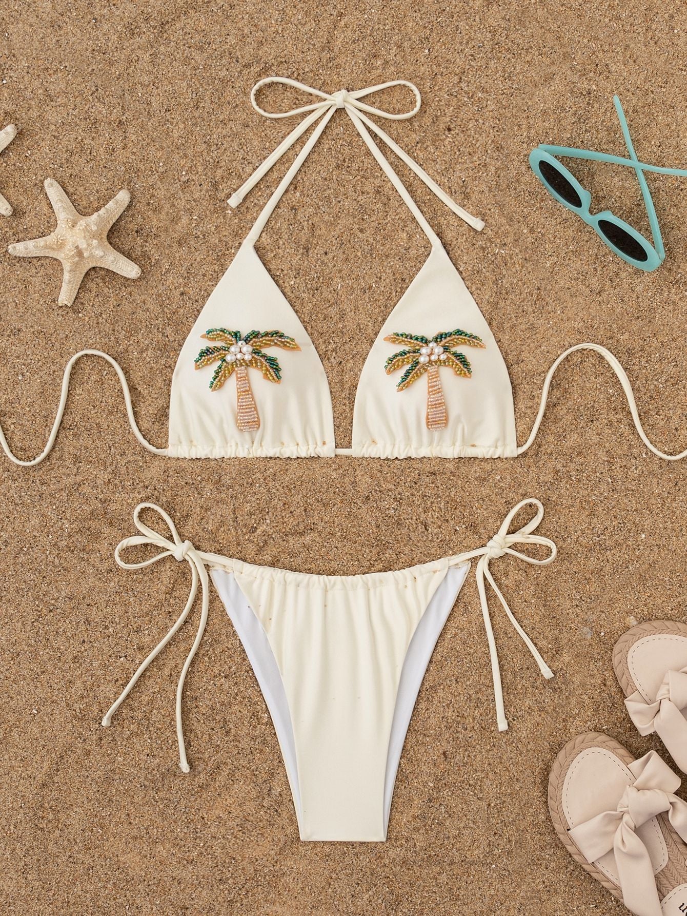 White Palm Tree Embroidered Bikini Set | Triangle Tie Top & Tie Side Bottoms | noémi