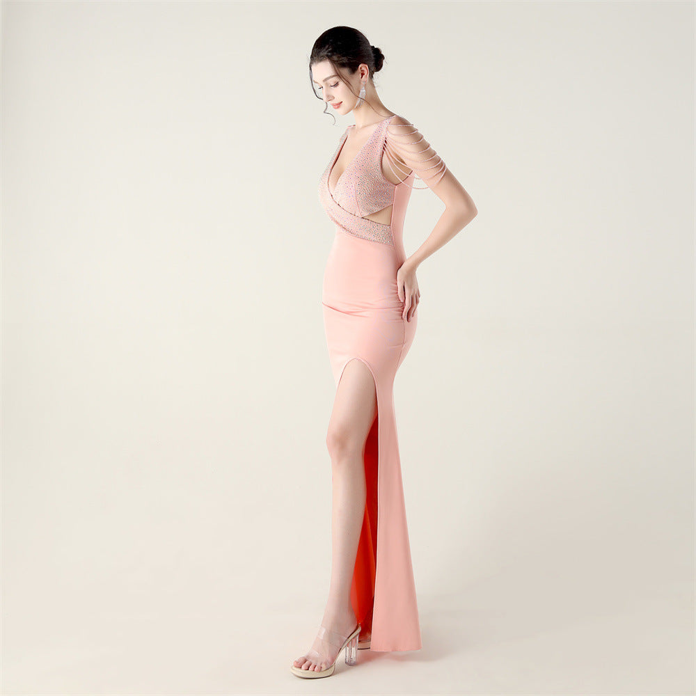 Beaded Slim Fit Dress V Neck Slit Gown | noémi