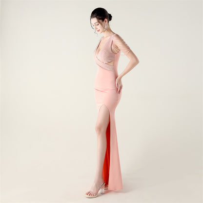 Beaded Slim Fit Dress V Neck Slit Gown | noémi