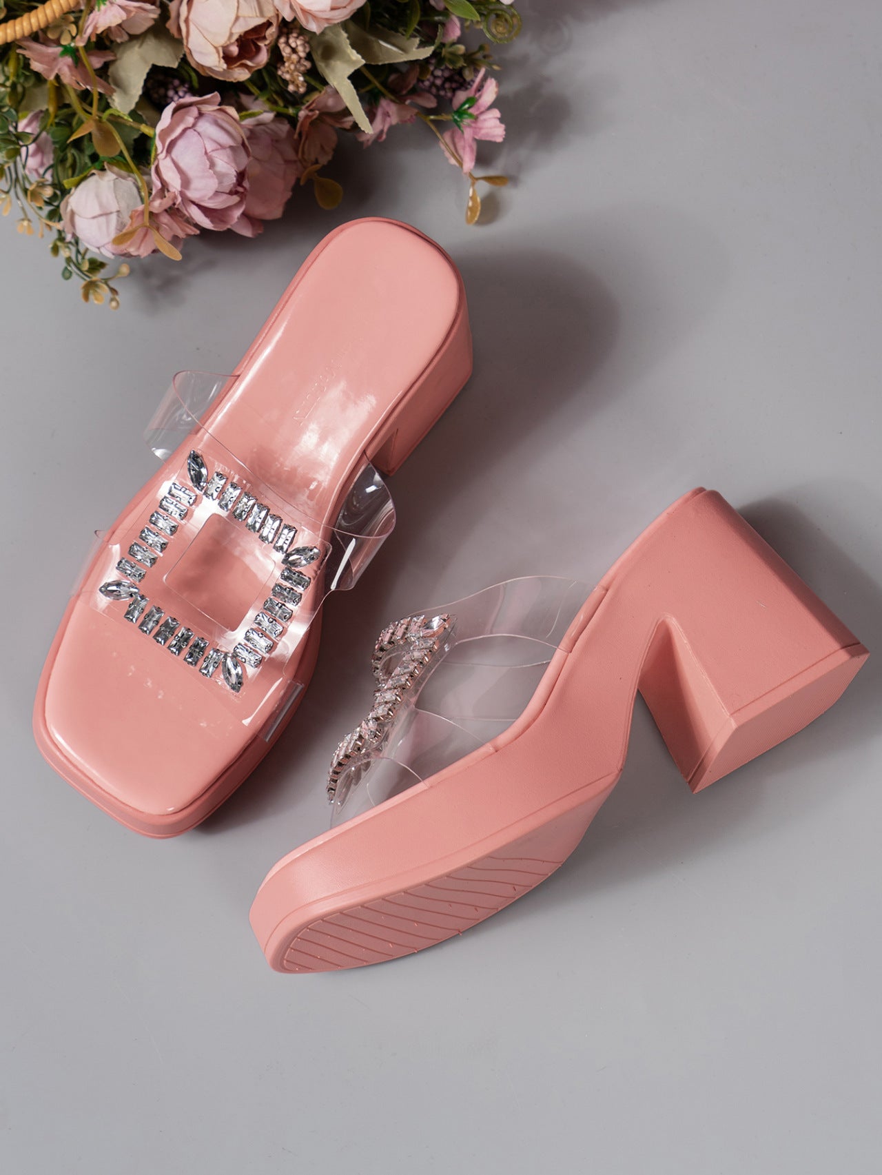 Women’s Jeweled Block Heel Sandals | Clear Strap, Crystal Embellished | noémi