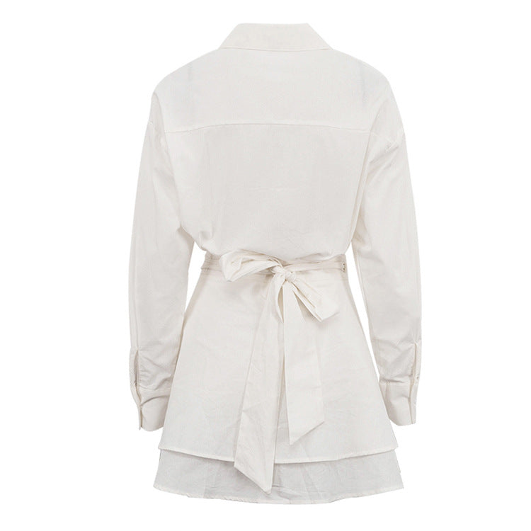 Women’s TwoPiece Set | Collared Long Sleeve Shirt & Double Layer LaceUp ALine Skirt | noémi