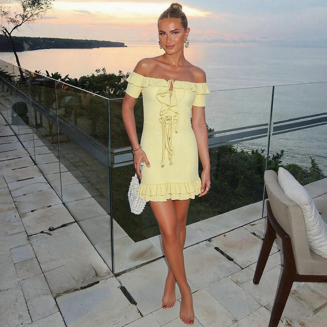 Fall Off Shoulder Ruffle Mini Dress | Lace Up, Slim Fit | noémi