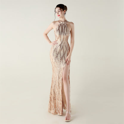 Womens Beaded Sequin Mesh Dress | Strapless Fishtail Maxi Dress | noémi