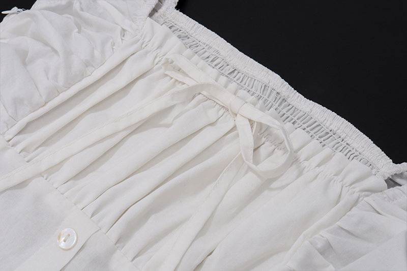 White Corset Midi Sundress | Ruffle Trim Sleeveless Dress with Smocked Back | noémi