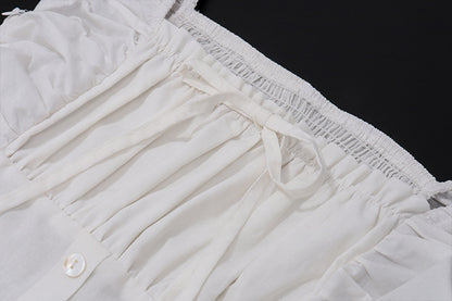 White Corset Midi Sundress | Ruffle Trim Sleeveless Dress with Smocked Back | noémi