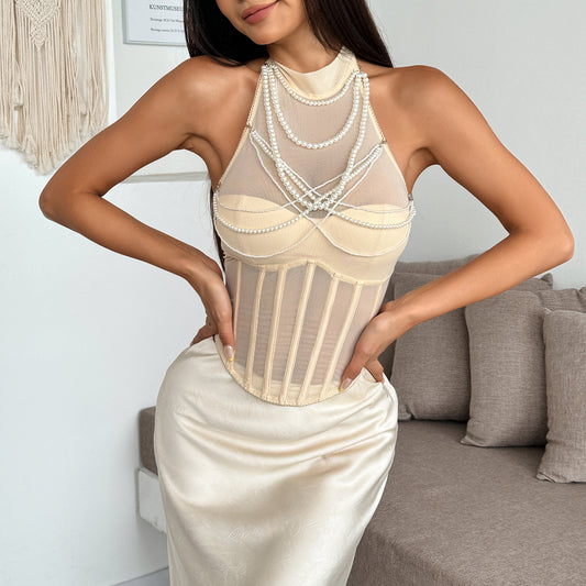 Pearl Embellished Corset Satin Maxi Top | Backless Halter | noémi