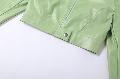 Womens Cropped Faux Leather Zipper Coat | Long Sleeve Sheath Jacket | noémi