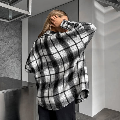Retro Classic Plaid Shirt | Black White Checkered Long Sleeve Top for Women | noémi