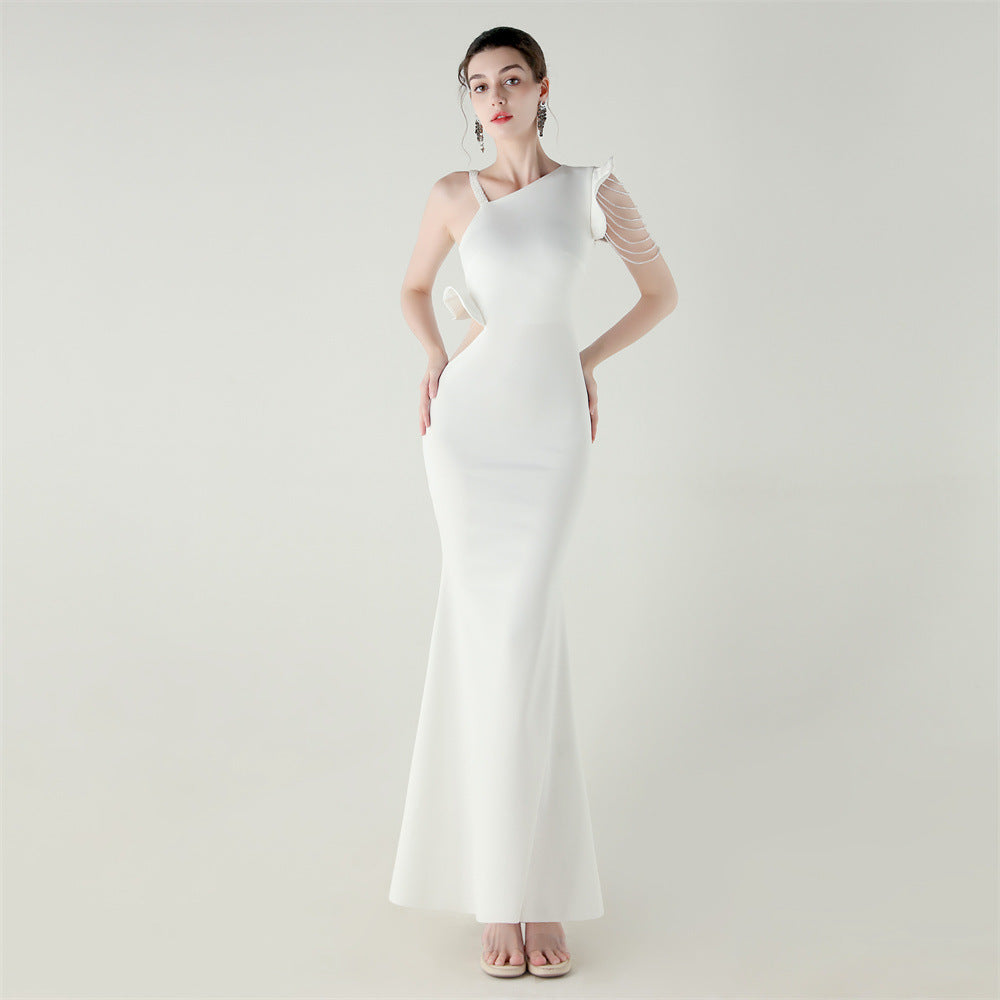 Satin One Shoulder Beaded Fishtail Gown | Cut Out Ruffled Hem Slim Fit | noémi