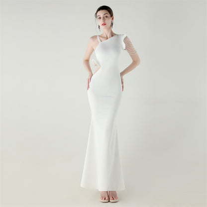 Satin One Shoulder Beaded Fishtail Gown | Cut Out Ruffled Hem Slim Fit | noémi