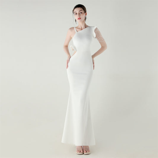 Satin One Shoulder Beaded Fishtail Gown | Cut Out Ruffled Hem Slim Fit | noémi