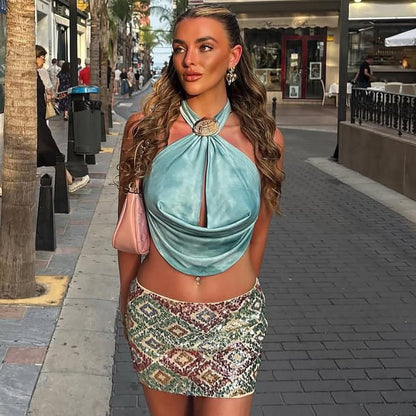 Womens Halter Swing Collar Top | Hollow Out Cutout with Shell Metal Buckle | noémi