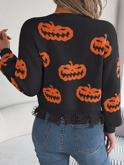 Halloween Pumpkin Sweater for Women | Cut Out Pullover with Distressed Hem | noémi