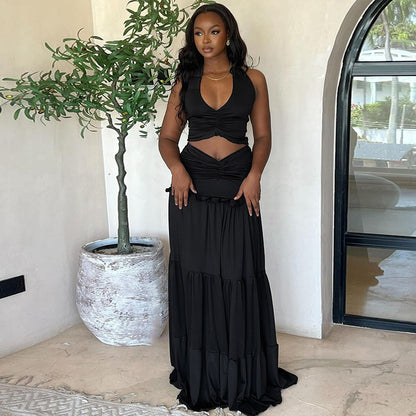 Women’s Two Piece Summer Set | Lace Halterneck Crop Top & Tiered Maxi Skirt | noémi