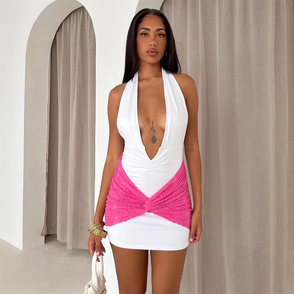 V Neck Backless Dress with Contrast Stitching and Strap Detail | noémi