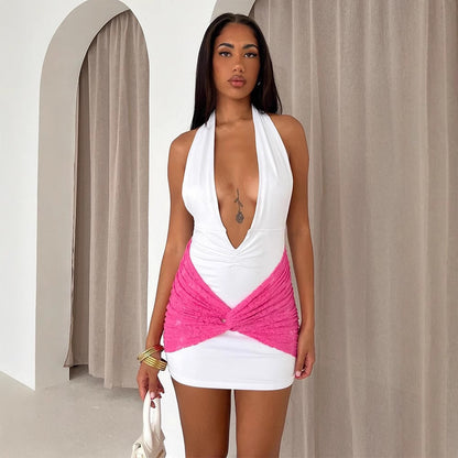 V Neck Backless Dress with Contrast Stitching and Strap Detail | noémi