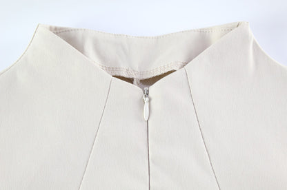 High Neck Seam Detail Mini Dress | Structured Sleeveless ALine in Sand Beige | noémi