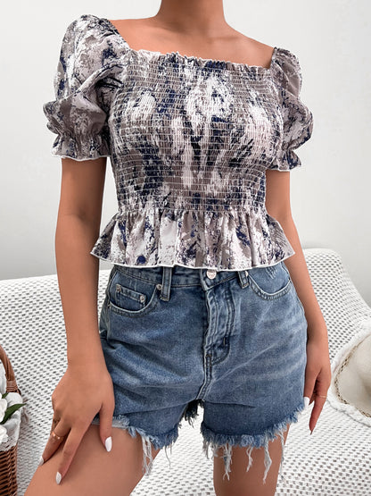 Womens Sleeve Smocked Top | Ruffle Hem, Leopard Print, Off Shoulder | noémi