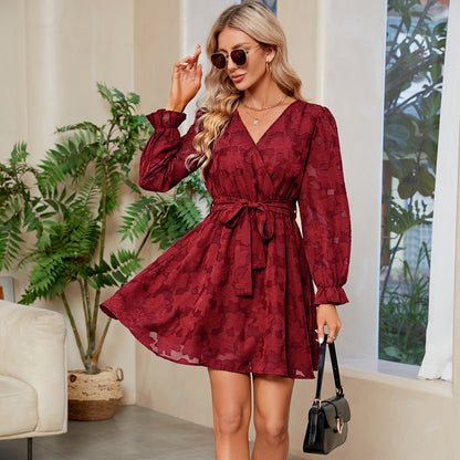 Lace Cocktail Dress | V Neck Long Sleeve Flare with Belt | noémi