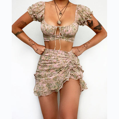 Floral Two Piece Set | U Neck Lace Up Crop Top & Ruched Mini Skirt | noémi