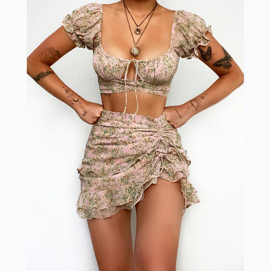 Floral Two Piece Set | U Neck Lace Up Crop Top & Ruched Mini Skirt | noémi