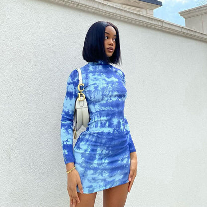 Printed Sheath Dress for Women | Stand Collar Long Sleeve Slim Fit | noémi