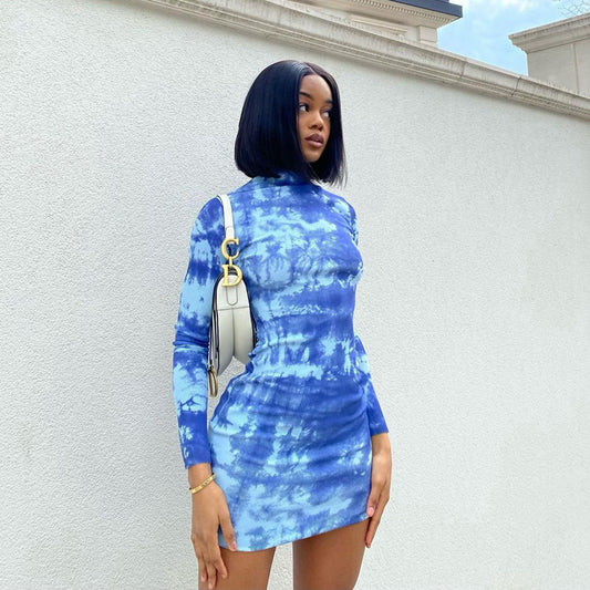 Printed Sheath Dress for Women | Stand Collar Long Sleeve Slim Fit | noémi