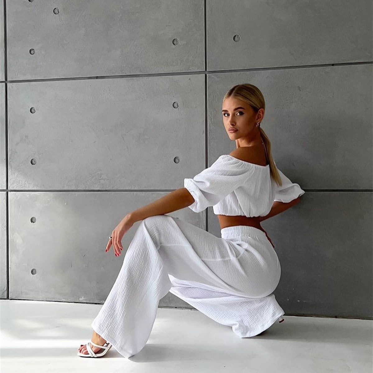 Womens Two Piece Cotton Chambray Set | Off Shoulder Top High Waist Wide Leg Pants | noémi