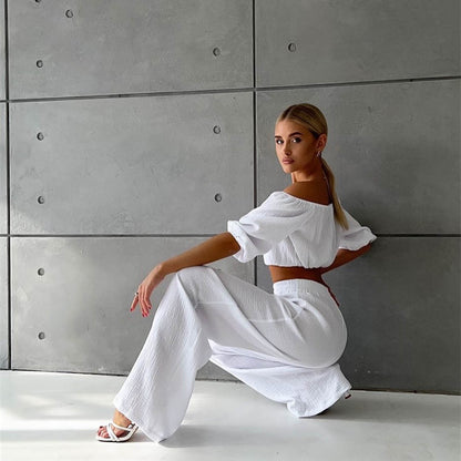 Womens Two Piece Cotton Chambray Set | Off Shoulder Top High Waist Wide Leg Pants | noémi