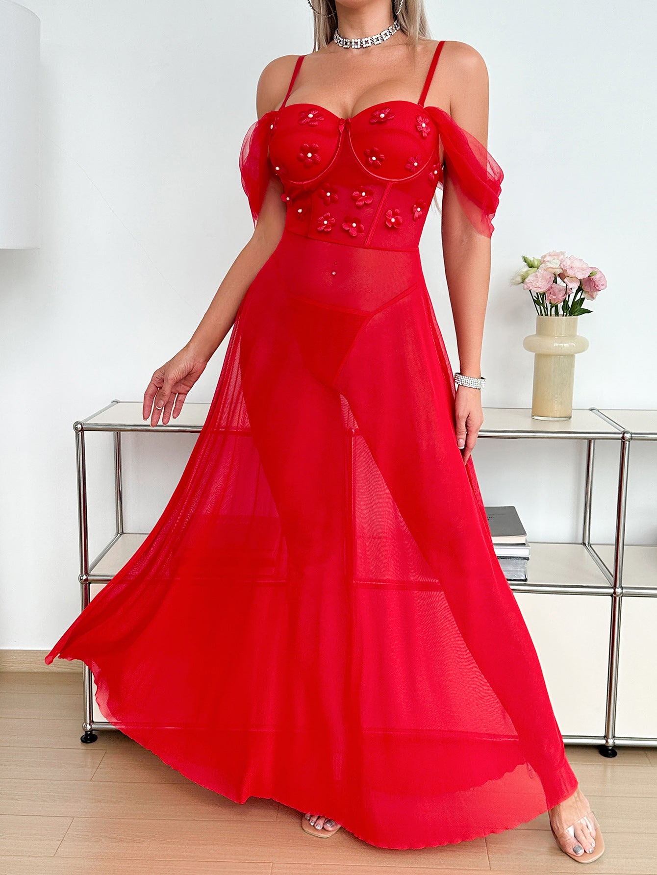 Womens Red Lingerie Dress with Lace Trim and Adjustable Straps | noémi