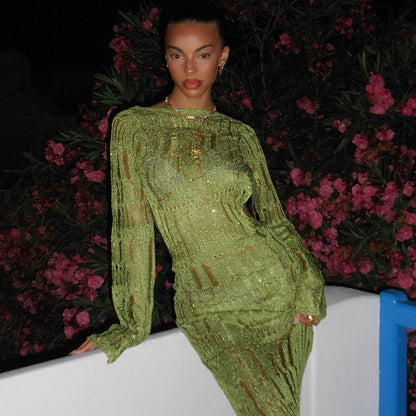 Backless Cutout Long Sleeve Slim Fit Woolen Maxi Dress | noémi