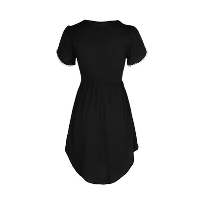 Black Lace Petal Sleeve Round Neck T Shirt Dress For Women | noémi