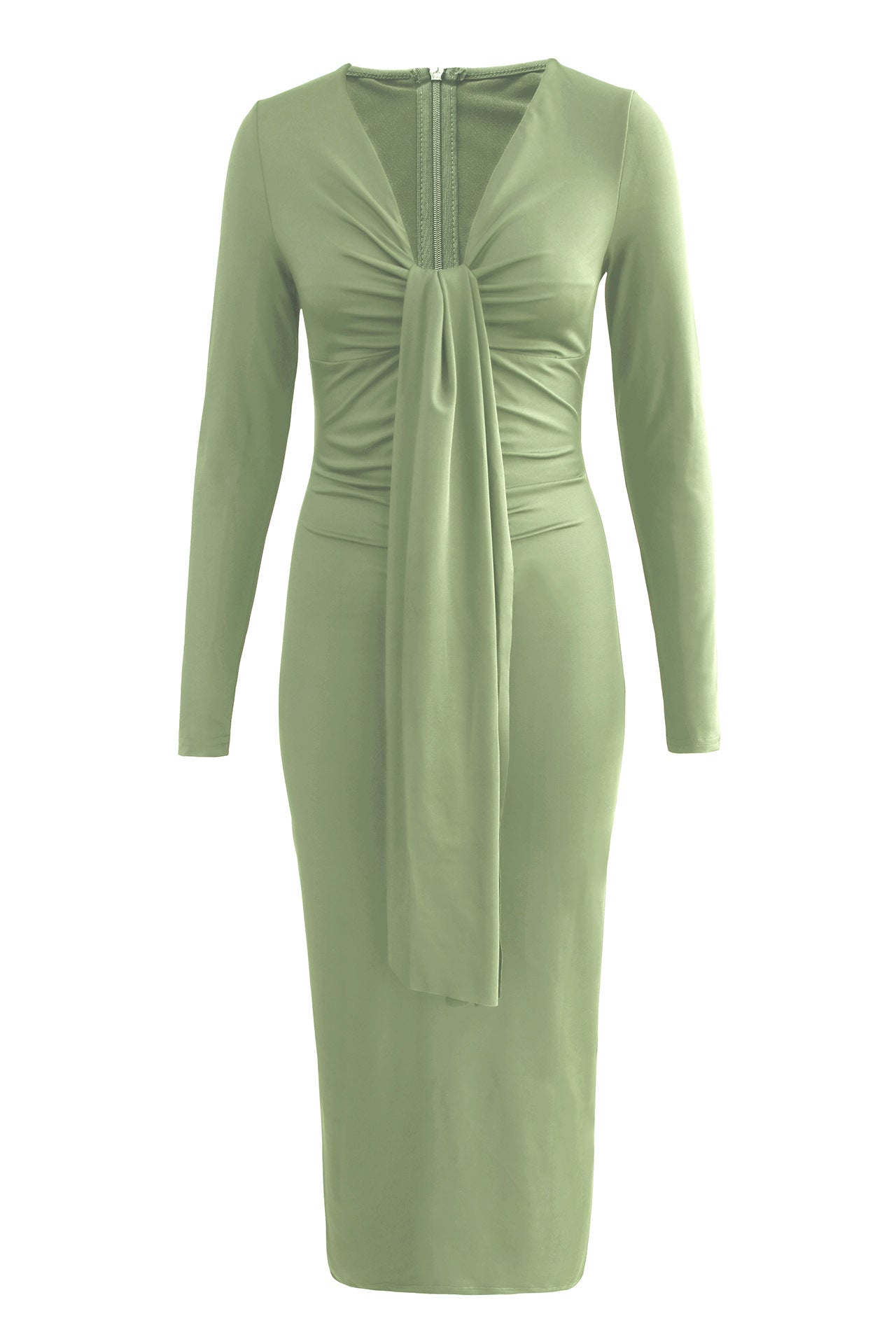 Pleated V Neck Dress with Fitted Waist and Long Sleeves | noémi