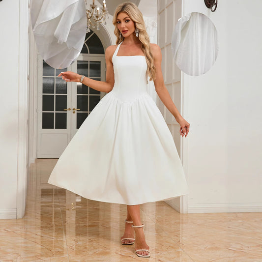 Women’s Sleeveless Halter Backless Midi Dress | Flowy White Summer Dress | noémi