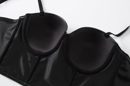 Black Leather Corset Top | Womens Boning Bustier Vest with Adjustable Straps | noémi