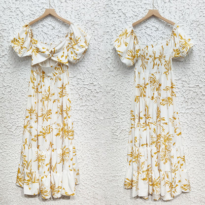 Womens VNeck Puff Sleeve Printed Midi Dress with Cutout Detail | noémi