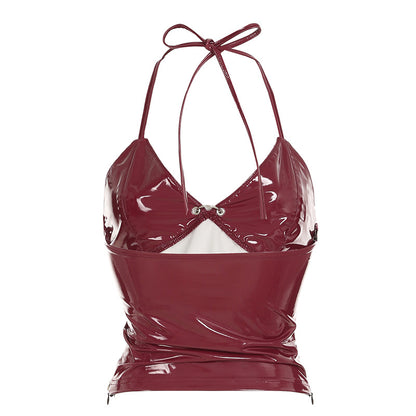 Wine Red Faux Leather Halter Top | Backless, ZipUp Camisole with LaceUp Detail | noémi