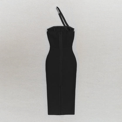 Chain Strap One Shoulder Mid Length Bodycon Dress | noémi
